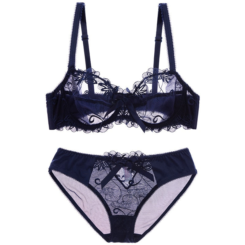 Embroidery lotus ultra-thin women's sexy transparent lace bra set 2 Nique's Creation