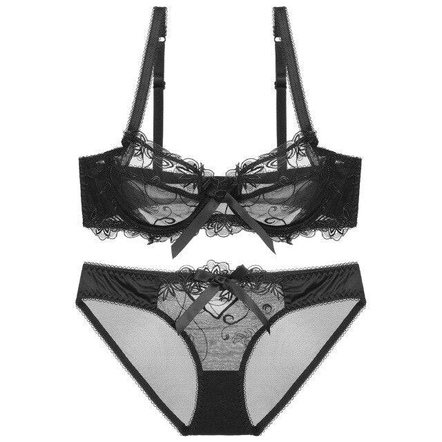 Embroidery lotus ultra-thin women's sexy transparent lace bra set 2 Nique's Creation