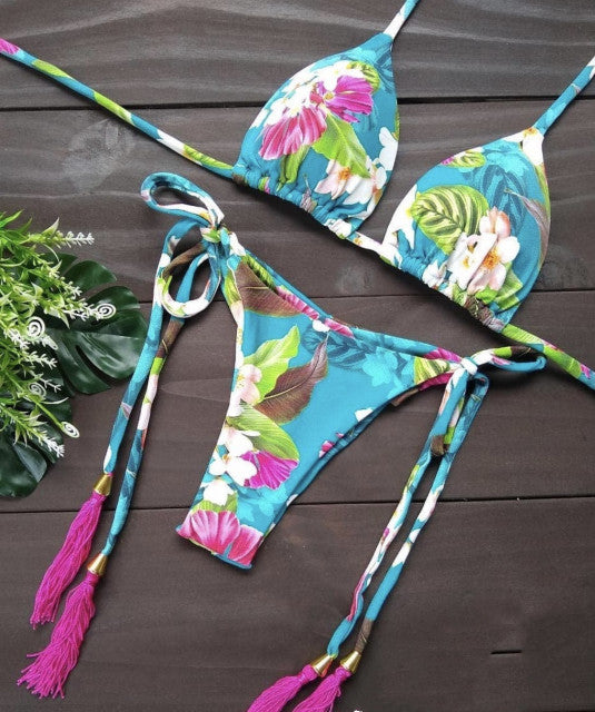 Women Floral Print Bikinis Striped Patchwork Bandage Swimwear 2 Nique's Creation