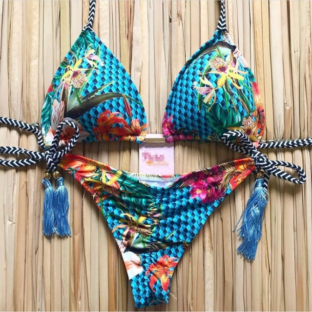 Women Floral Print Bikinis Striped Patchwork Bandage Swimwear 2 Nique's Creation